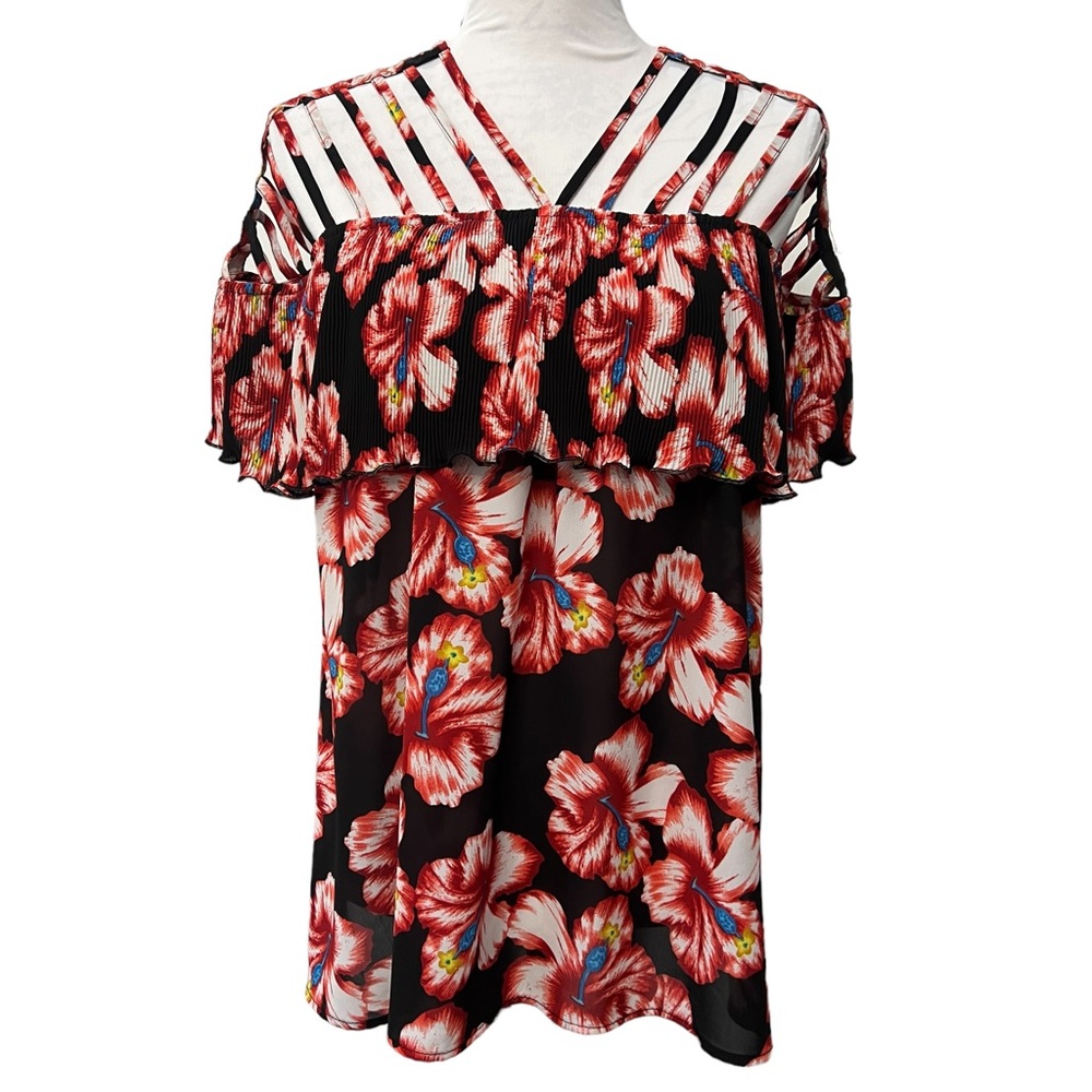 Entro Colorful Hibiscus Tropical Strappy Summer Tunic‎ Blouse Vacation Beach